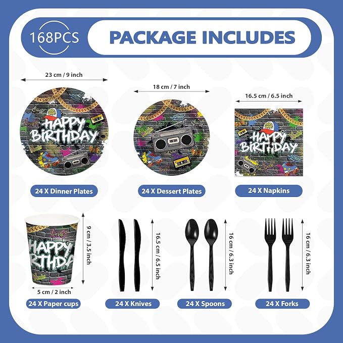 168Pcs Hip Hop Birthday Party Supplies Hip Hop Graffiti Wall 80s 90s Plates and Napkins Retro Neon Tableware Set for Retro Music Theme Colorful Birthday Party Decorations Serves 24