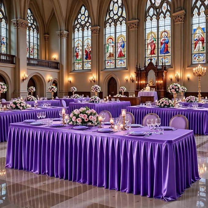 1 Pack Purple Satin Tablecloths Rectangle 4FT, Glitter Spandex Fitted Stretch Table Covers Wrinkle-Free Floor Length Shimmer Table Skirt for Weddings Parties Baby Shower Banquets Vendor Events