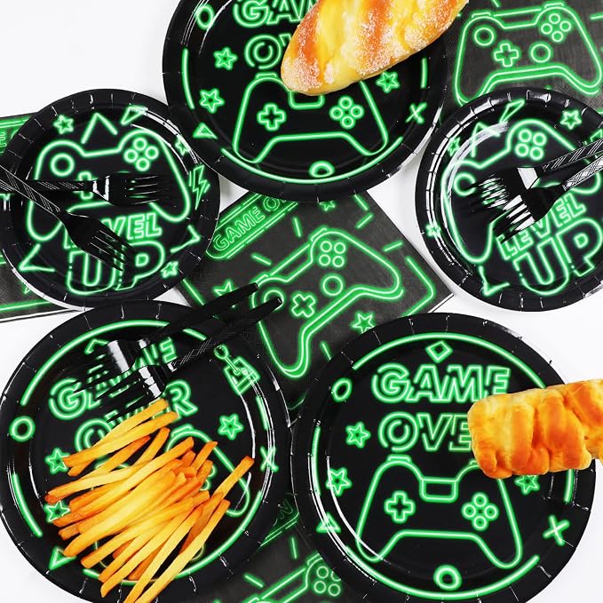 96pcs Video Game Party Supplies Tableware Set Neon Game On Paper Plates and Napkins Green Gaming Birthday Party Decorations Favors for Boys Kids Gamer Baby Shower,Serves 24