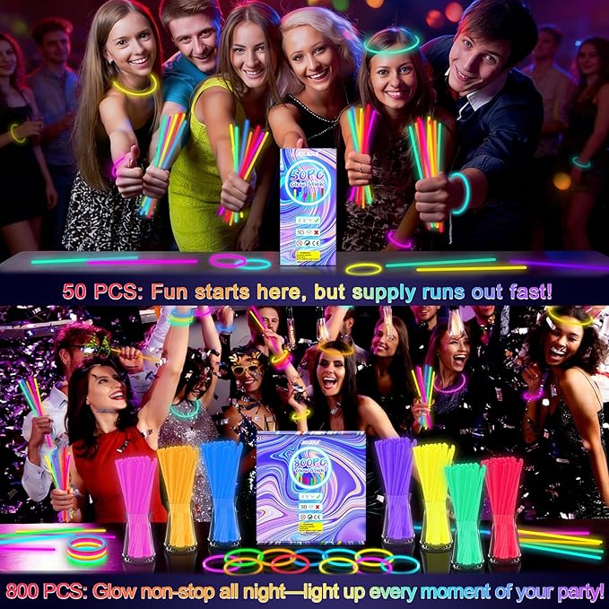 JICUICUI Glow Sticks Bulk Party Pack- Ultra Bright 800pk Glow in the Dark Party Supplies, Neon Party Favors, Glow Sticks Party Supplies Glow Necklaces and Glow Bracelets with Connectors