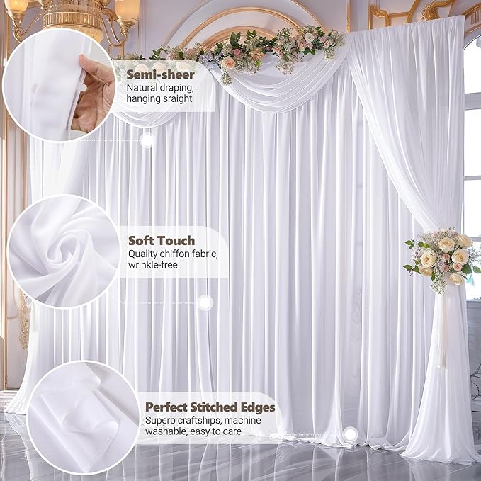 20ft x 10ft White Chiffon Backdrop Curtains, Wrinkle-Free Sheer Chiffon Fabric Photo Curtain Drapes for Wedding Ceremony Arch Party Stage Photography Decorations