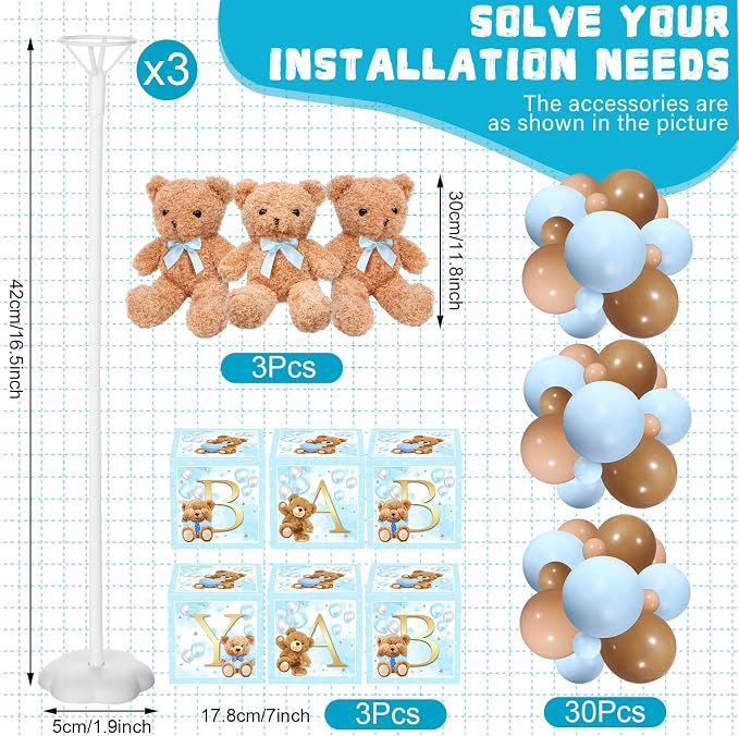 Lenwen 3 Sets Jungle Animal Decoration for Baby Shower Letter Boxes Baby Shower Table Centerpiece Stuffed Animals Balloon with Stand Plush Boxes for Party(Blue,Bear)