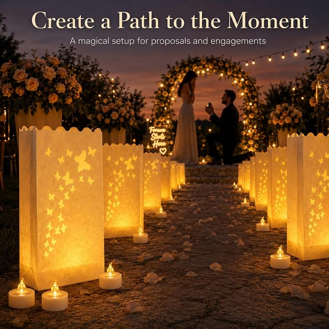 AceList 50 Butterfly Luminary Bags with 50 Flameless LED Tea Lights | Butterfly cutout, warm flickering amber light, reusable & flame-free, for weddings, garden parties, walkways & outdoor decor
