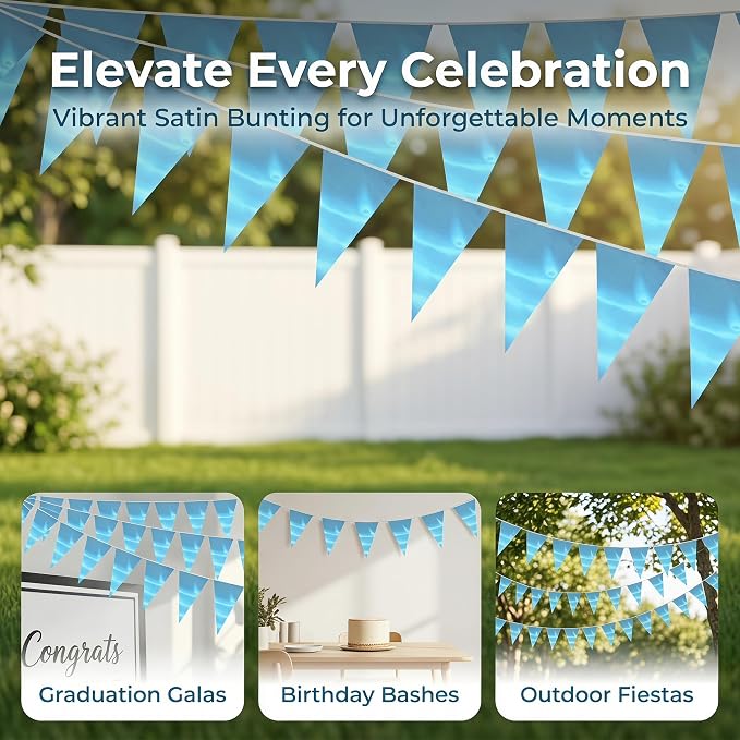 130FT LightBlue Triangle Pennant Banner Flag Metallic Fabric Bunting Garland for Christmas Graduation Wedding Engagement Anniversary Bachelorette Birthday Bridal Shower Valentines Hen Party Supplies