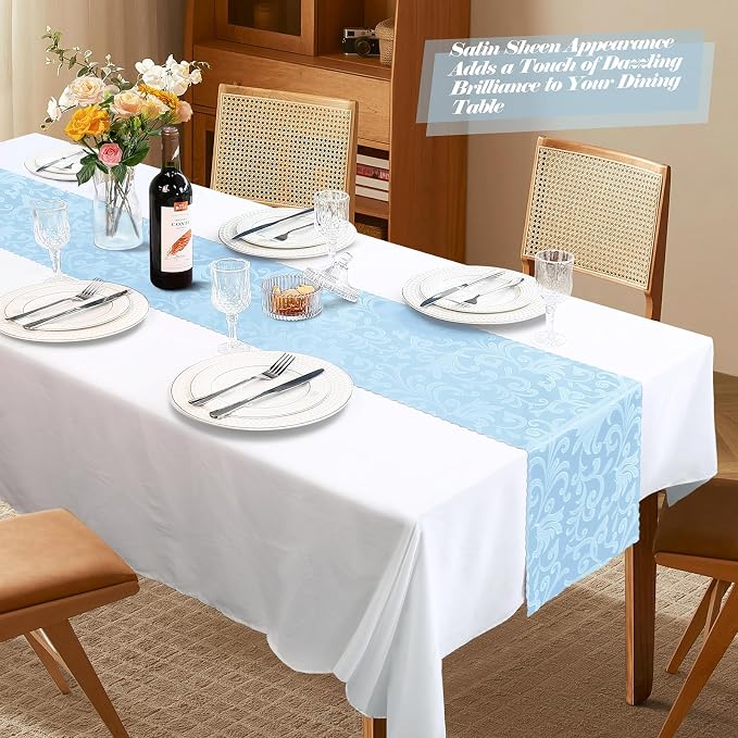 MILVOWOC 12 Pack Light Blue Satin Table Runner, 12 x 72 Inch Jacquard Damask Rectangle Bright Silky Decorative Table Runner for Party Banquet Birthday Dinner Wedding Table Decor