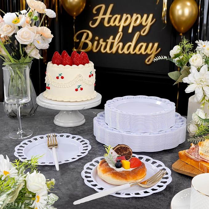 COLOSUS 60pcs White Plastic Plates Set,Fany White Baroque Plates for 30 guest.Elegant Lace Rim Design Disposable Plate include 30 Dinner plates and 30 Dessert plates for Party,Halloween,New Year