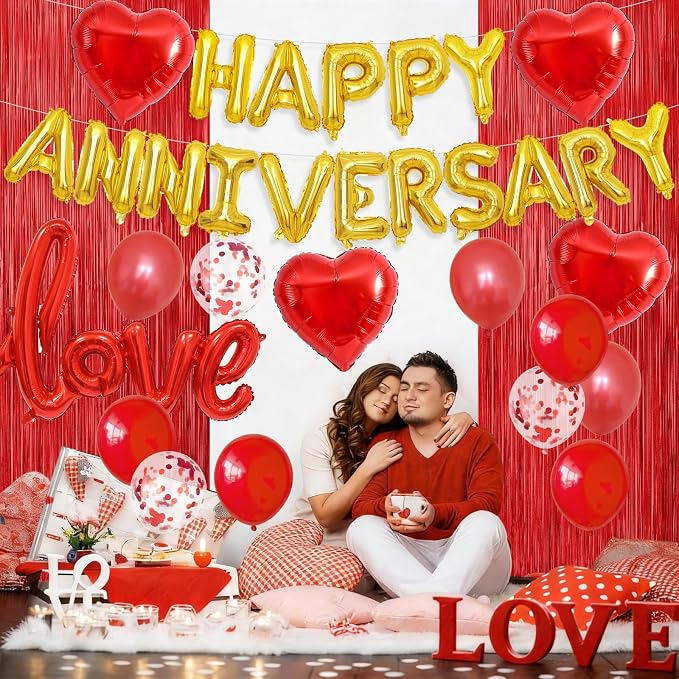 Anniversary Decorations Red,Happy Anniversary Balloon Banner with love and Heart Foil Balloons Fringe Curtain for Wedding Party Valentine's Day Romantic Night Surprise