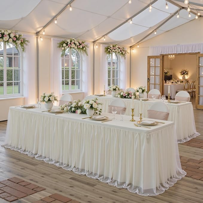 familus Ivory Table Cloths 6 Foot Rectangle 4 Pack Stretch Ruffle Tulle Tablecloth Spandex Fitted Table Cover for 6 Foot Tulle Table Skirts for Party Wedding Table Cloths, Banquets