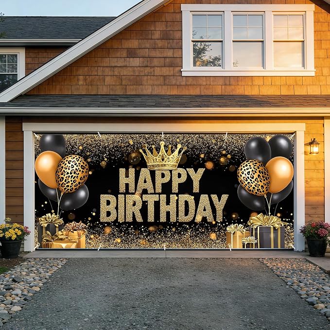 Happy Birthday Garage Door Banner Cover 7x16FT Waterproof –Black Gold Leopard Print Crown Backdrop with Balloons & Gifts Luxury Party Decor for Indoor Outdoor,Birthday Photo Booth Background for Women Men