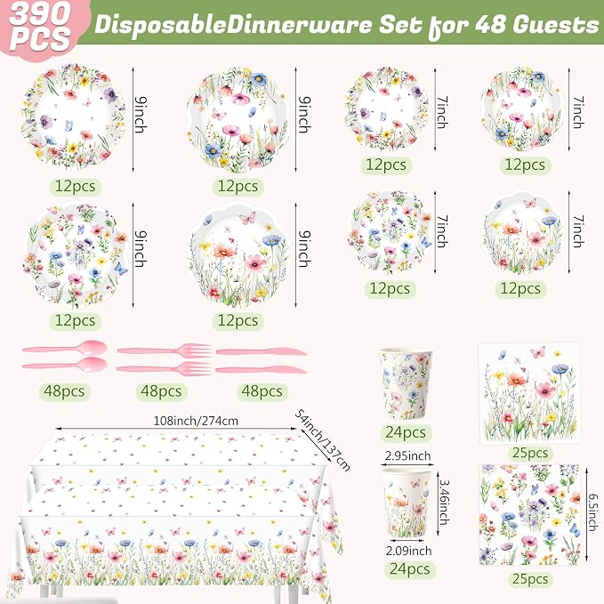 Ceenna 390 Pcs Wildflower Party Supplies for 48, Spring Floral Paper Plates Napkins Cups Tablecloth Cutlery Disposable Tableware Set for Tea Party Baby Shower Birthday Wedding Mother's Day Decoration