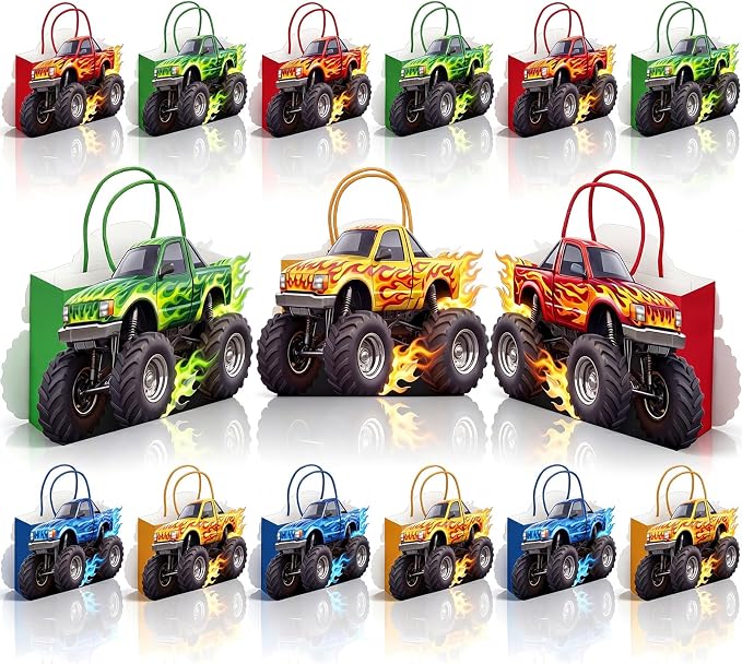 Tosstuki 12 Pcs Monster Truck Party Favor Bags 3D Paper Goodie Treat Bags with Handles 4 Vibrant Designs Kraft Paper Candy Decorations for Monster Truck Themed Party Decorations & Supplies