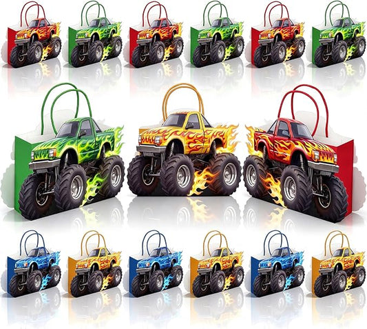 Tosstuki 12 Pcs Monster Truck Party Favor Bags 3D Paper Goodie Treat Bags with Handles 4 Vibrant Designs Kraft Paper Candy Decorations for Monster Truck Themed Party Decorations & Supplies