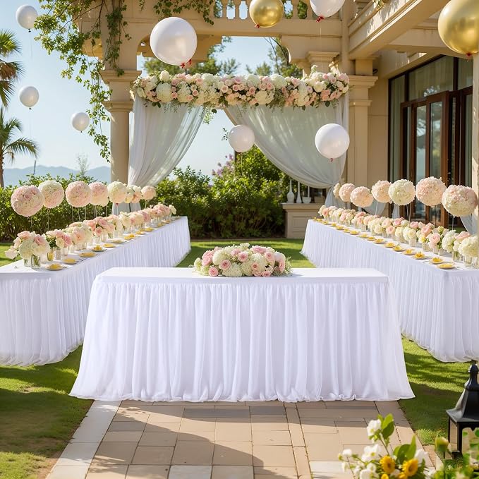 6 Pack White Tablecloth with Tulle Table Skirt for 8 Foot Rectangle Tables Wedding Ruffle Tutu Table Skirt Stretch Fitted TableCover for Parties Birthdays Baby Shower Celebration Banquet