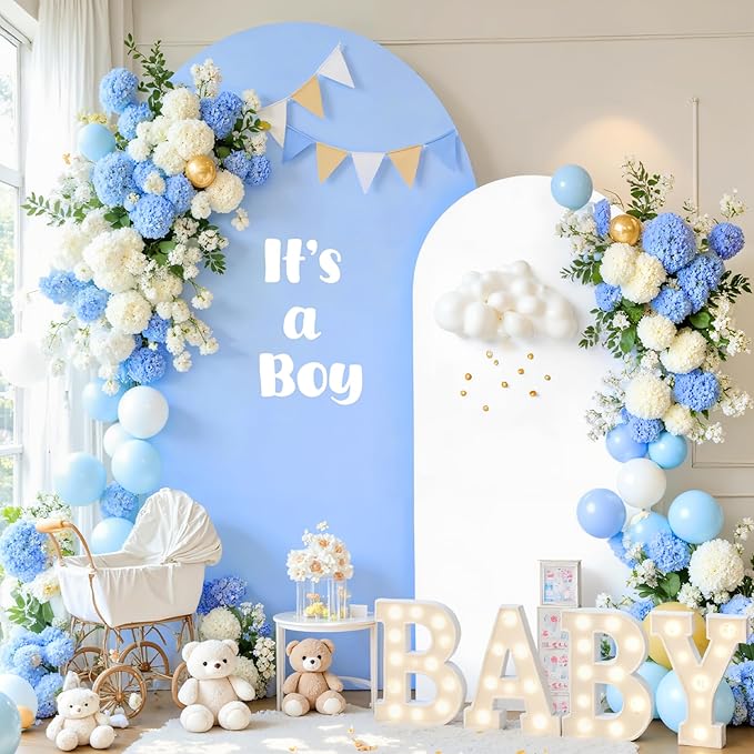 Blue and White Arch Cover Set of 2 Spandex 7.2 and 6ft Arch Backdrop Cover Wedding Arch Stand Covers for Baby Shower Boy Birthday Party Bridal Shower Banquet Photo Background Decorations