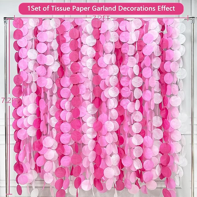 205Ft Hot Pink Party Decorations Big Polka Dots Backdrop Garland Rose Pink Circle Dots Tissue Paper Hanging Curtain Streamer for Bachelorette Birthday Bridal Shower Wedding Engagement Party Supplies