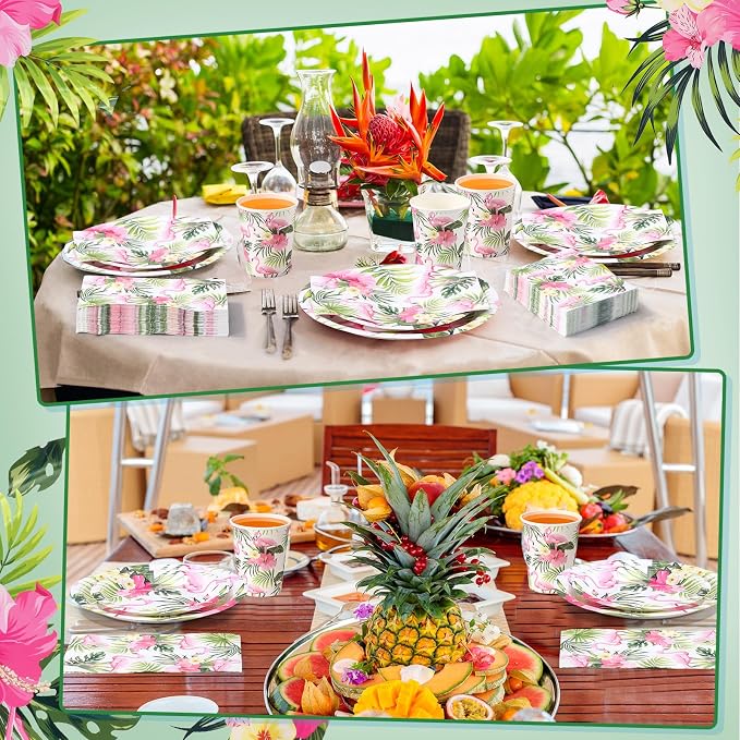 Funnymoom 250 Pcs Hawaiian Flamingo Party Decoration Luau Themed Paper Plates Napkins and Cups Tropical Hawaiian Tableware Set for Summer Pool Beach Birthday Retirement Party Supplies, Serves 50