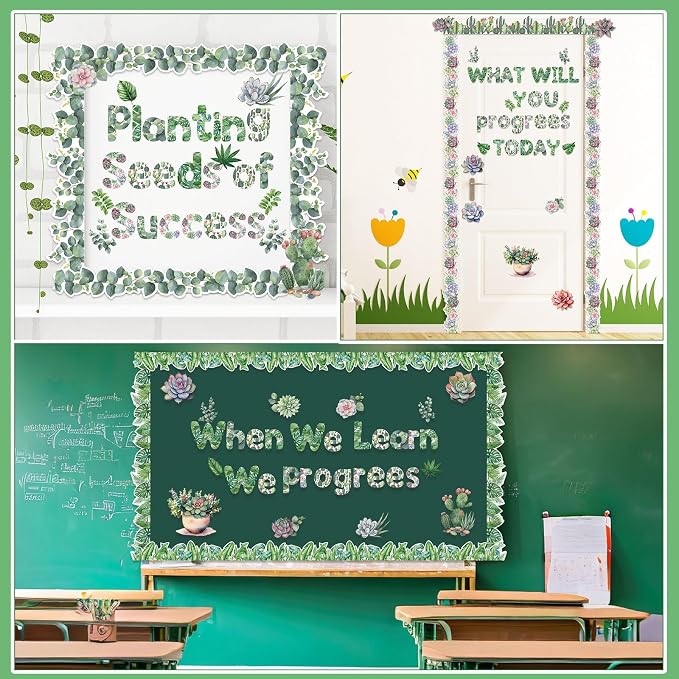 Kosiz Plant Bulletin Board Decoration Set 118 ft Scalloped Bulletin Board Borders Classroom Poster Border Trim with 257 Pcs Letter Number Symbol Cutout for School Decor