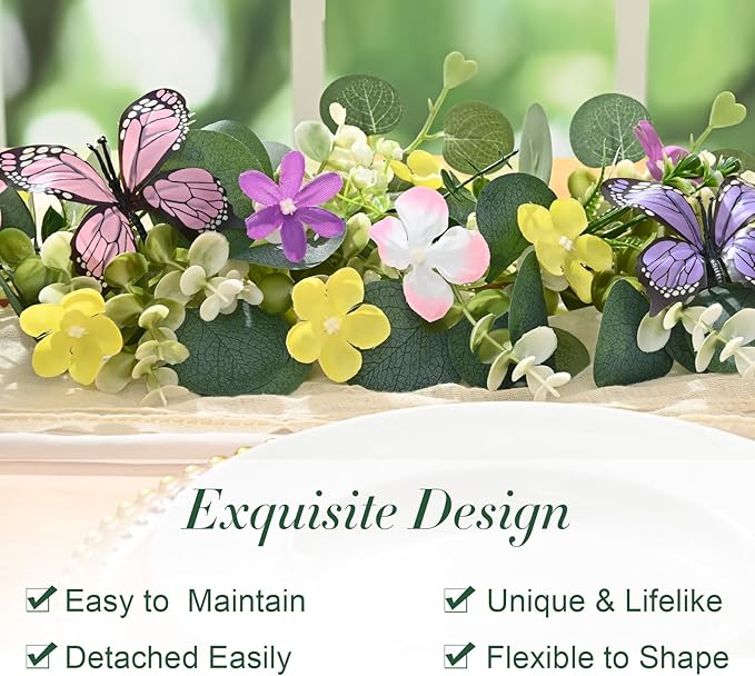 Waipfaru 2Pcs Eucalyptus Garland with Daisy 3D Butterfly, Green Garland with Flowers, 5.9FT Artificial Faux Eucalyptus Leaves Vines for Table Mantle Home Wedding Party Indoor Outdoor Decor
