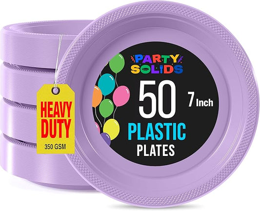 Exquisite Party Solids Lavender Plastic Plates For Party Supplies 7" Lavender Disposable Plates Heavy Duty 50 Pcs Plastic Dinnerware Sets Heavy Duty 350 GSM Disposable Dinnerware Set