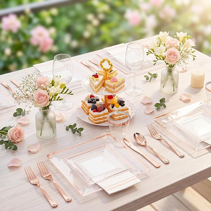 Festiva 350Pcs Rose Gold Plastic Plates - Clear Rose Gold Disposable Dinnerware Sets for 50Guests include 100 Plates 50 Cups 50Plastic Cutlery 50Napkins for Party&Wedding& Bridal Shower