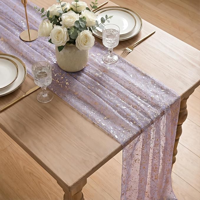 Artoid Mode 6Pcs Grayish Purple Gauze Gold Table Runner 10FT, Glitter Metallic Foil Sheer Dining Wedding Anniversary Holiday Table Decor for Home Party