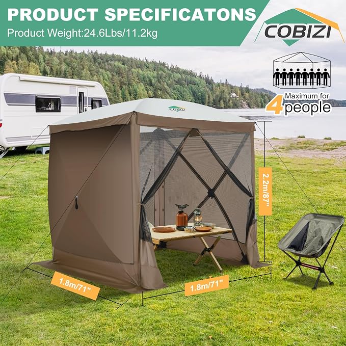 COBIZI 6x6 FT Pop up Gazebo, Popup Canopy Tent, Screened in Gazebos with sidewalls, Waterproof Portable Outdoor Small Screen Tents Sun Shelter,carpas para Patio for Camping, Garden and Backyard,Brown