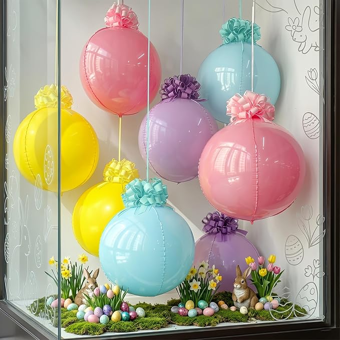 8pack Pastel Rainbow 4D Orb Ornament Balloons with 16 Pull Ribbon Gift Bows –Total 24pcs Macaron Decor Ceiling Hanging Balloon Set for Unicorn Birthday Baby Shower & Spring Tea Party Decor