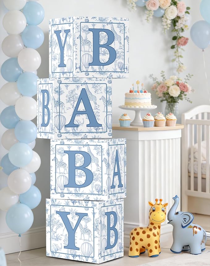KARAQY Blue Safari Baby Shower Decorations - 4PCS Blue Toile de Jouy BABY Boxes, Jungle Animals Party Boxes for Birthday, Baby Shower Party Supplies (11.8 * 11.8 * 11.8 inches)