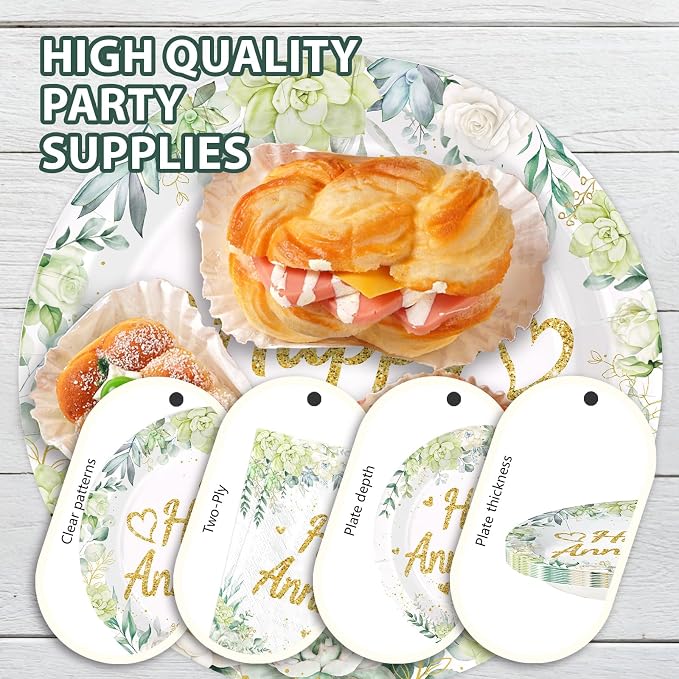 96Pcs Happy Anniversary Party Supplies Sage Green Gold Wedding Party Plates and Napkins Disposable Green Leaves Flower Tableware Set for Couples Anniversary Wedding Decorations Serves 24