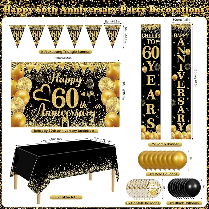 Black Gold Happy 60th Anniversary Decorations for Men Women, Black Gold 60th Wedding Anniversary Party Decorations Banner, Porch Banner, Triangle Flag, Tablecloth and Balloons Kit Party Supplies