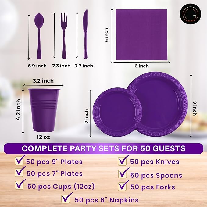 Grandipity 350 Piece Purple Disposable Dinnerware Set, Includes 50 of Each: 9" Dinner Plates, 7" Dessert Plates, 12oz Cups, Paper Napkins, Forks, Knives & Spoons