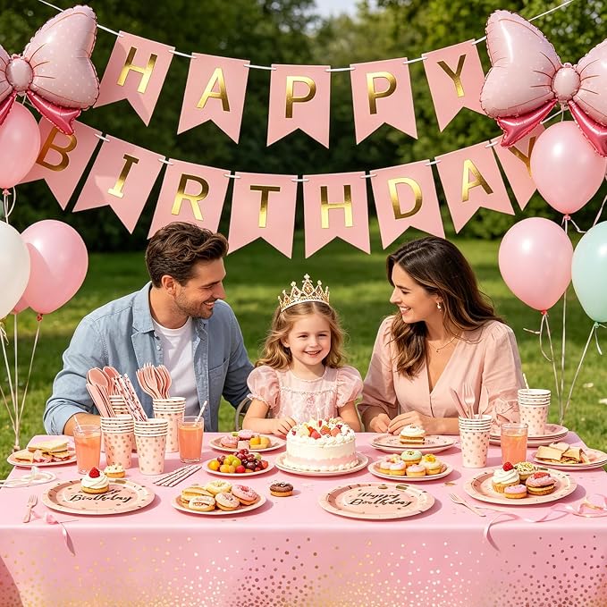 Birthday Decorations Supplies 194 Pcs Pink & Rose Gold Birthday Party Tableware, Includes Paper Dessert Plates and Napkins, Serves 24 for Girls' Sweet 16 Party, Baby Shower, Women's Birthday