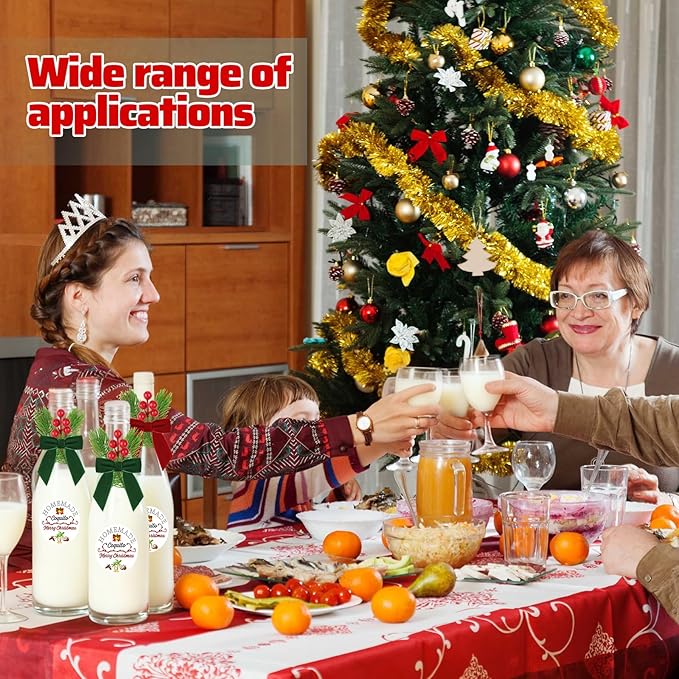 121 Pcs Christmas Coquito Wine Bottle Label Stickers Set,24Coquit Label Stickers 24 Velvet Bows 48 Pine Branches and Berry Stems for DIY Craft Xmas Party Dinner Table Decoration (No Wine Bottle)