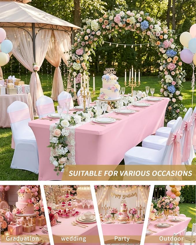 Fixwal 6 Pack 8Ft Pink Table Cover, Spandex Fitted Tablecloths Rectangle, Wrinkle-Free and Stretch Folding Table Cloth for Banquet, Wedding, Party, Trade Show