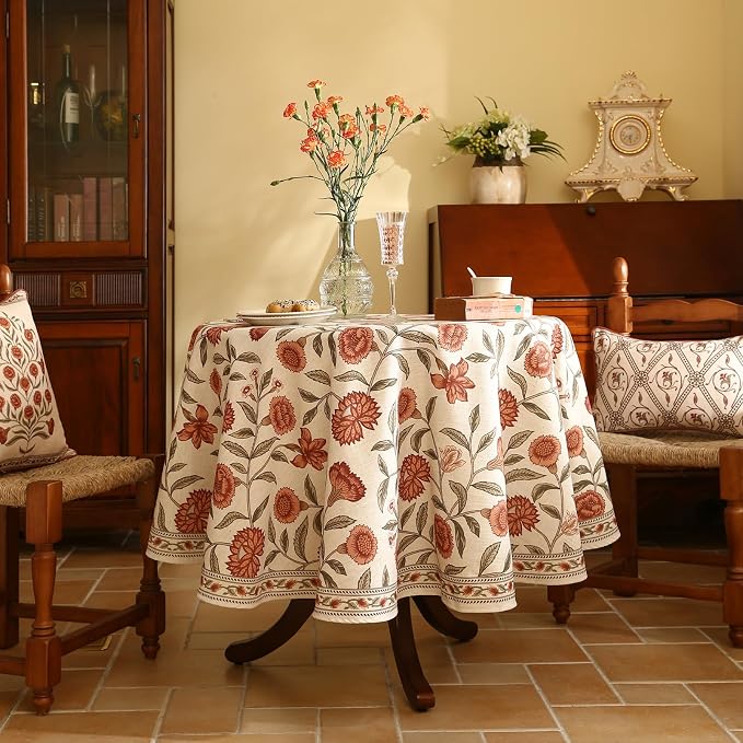 ISAENNE Designer French Linen Round Tablecloth,Diameter 67"-Alvarado D | Vintage Elegant Beautiful Table Cloth,Orange Floral Pattern,Heavyweight,Dining Room,Tea Party,Kitchen,Thanksgiving,Decor