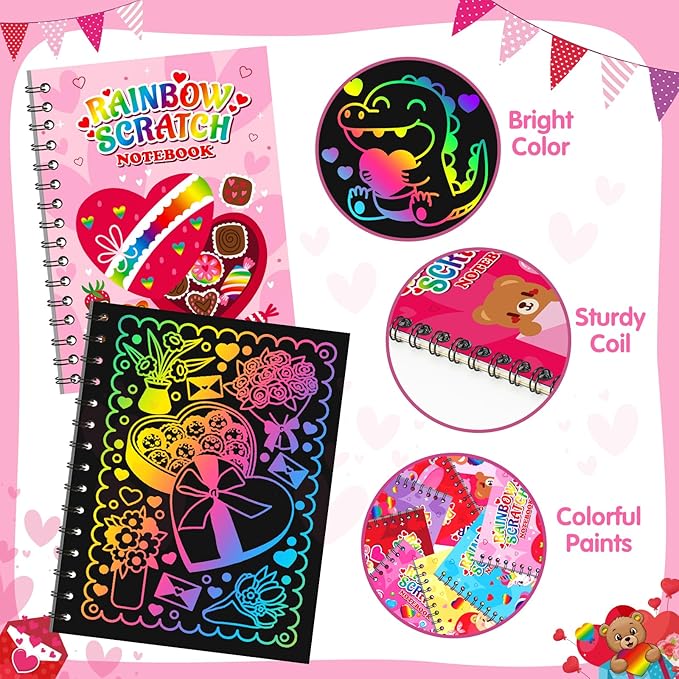 Scratch Art Party Favors for Kids: 24 Pack Valentines Rainbow Scratch Art Notebook Classroom School Party Supplies Bulk for Girls Boys Goodie Bags Stuffers, Valentines Day Gifts for Kids Classroom