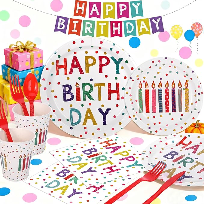 203 Pcs Happy Birthday Decorations: Party Supplies Set with Dots Design- Includes Disposable Paper Birthday Plates and Napkins, Cups, Tablecloth, and Banner for Boys/Girls, Serves 25