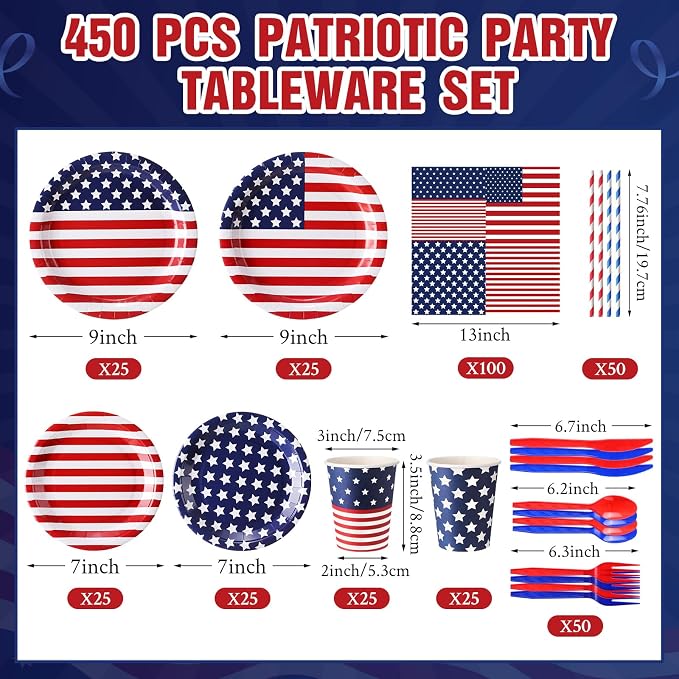 450 Pcs 4th of July Patriotic Tableware Set Decorations USA Red White Blue American Flag Paper Plates Napkins Cups Cutlery Straws for 250th Anniversary Birthday Party Supplies, Serves 50