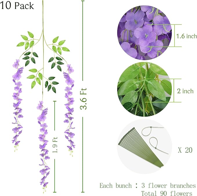 BLEUM CADE 10Pcs Purple Fake Wisteria Hanging Flowers, 3.6Ft/Pcs Artificial Wisteria Garland, Hanging Flowers for Wedding Party Home Backdrop Wall Decoration