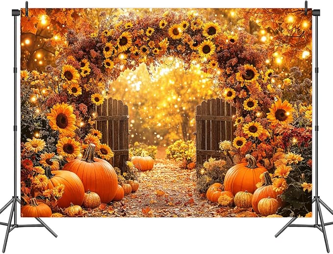 7 x 5 ft Fall Backdrop Autumn Sunflower Arch Forest Leaves Pumpkins Scenery Rustic Trail Harvest Photography Background Fall Farm Thanksgiving Party Supplies Banner Picture Photo Booth