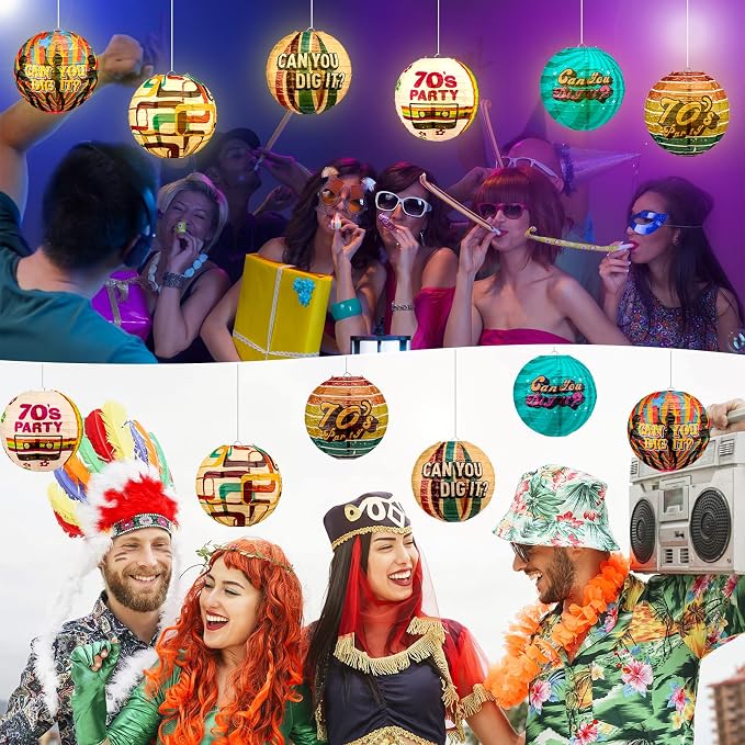 Panelee 12 Pcs 70's Retro Paper Lanterns Party Decorations 8 Inch Hanging Round Paper Party Decorations for Holiday Indoor Outdoor Supplies