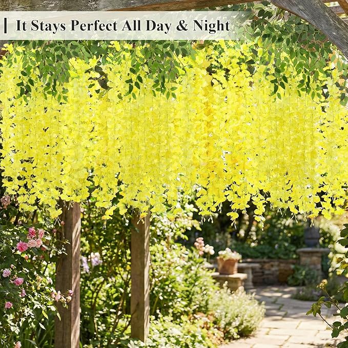U'Artlines 24 Pack (Total 86.4 Feet) Artificial Fake Wisteria Vine Rattan Hanging Garland Silk Flowers String Home Party Wedding Decor (24,Yellow)