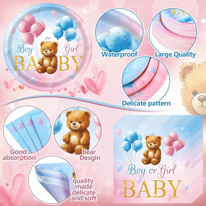 Funnymoom 400 Pcs Bear Gender Reveal Party Supplies for 50 Guests Boy or Girl Gender Reveal Disposable Plates Napkins Cups Spoons Forks Knives for Pink Blue Baby Shower Party Favors