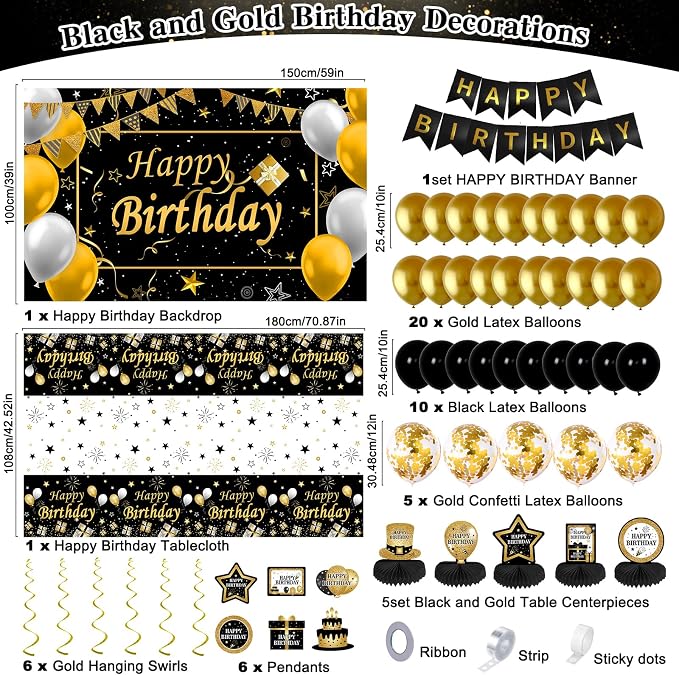 Black and Gold Birthday Decorations, Brithday Party Decorations for Men Boys Women Girls with Black Gold Happy Birthday Banner Decorations Tablecloth Backdrop Balloons Arch Bady Party Supplies