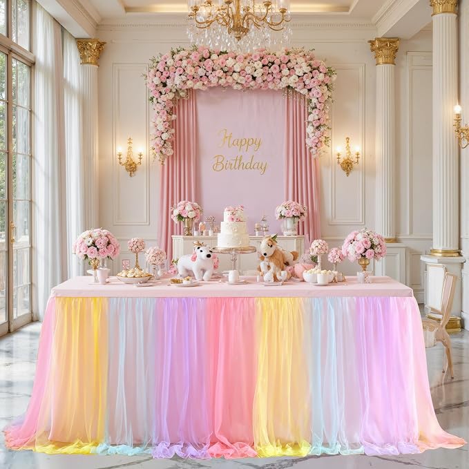 Rainbow Fitted Tablecloth Rectangle 6 Foot Elastic Tulle Ruffle Tablecloths Rectangular Stretch Spandex Table Covers 6ft Baby Shower Birthday Wedding Party Pastel Table Cloths with Skirt 2Pack