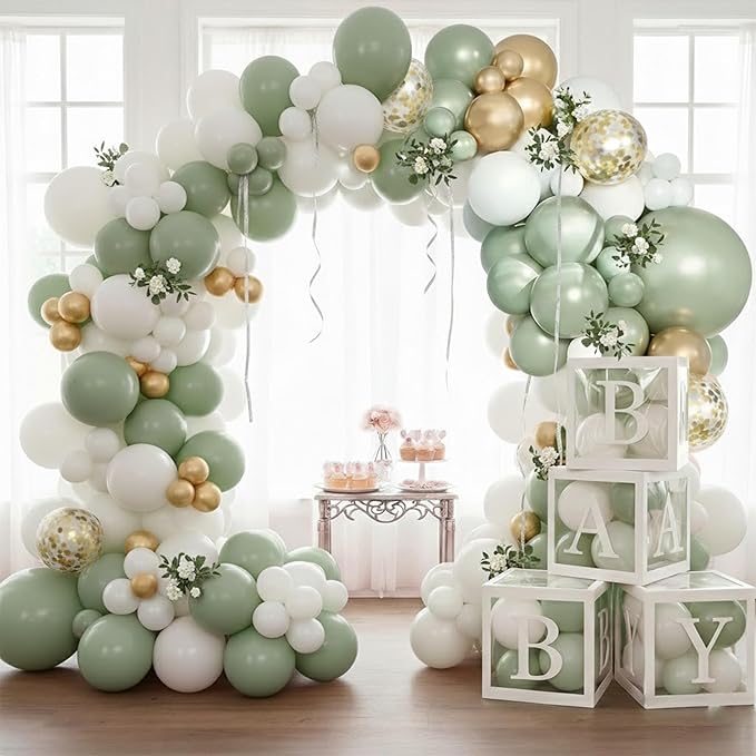 148Pcs Sage Green Baby Shower Decorations - Gender Neutral Party Supplies - Olive Green Gold White Balloon Garland Arch Kit with 4 Baby Boxes for Boy Girl Jungle Safari Backdrop