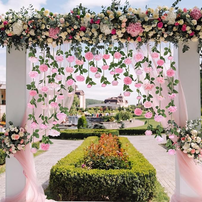 Lyrow 120 Pack Pink Roses Artificial Flowers Bulk Hanging Floating Garland Fake Pink Rose Vine for Ceiling Decoration Wedding Anniversary Bridal Bouquet DIY Floral Arrangement Proposal Romantic Decor