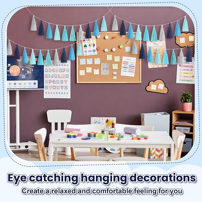 WILLBOND 4 Pcs Rainbow Tassel Garland Party Decorations, Colorful Boho Wall Hanging Banner for Classroom Decor, Back to School Birthday Wedding Baby Shower Nursery Home(Blue Gray,6.3 Inch)