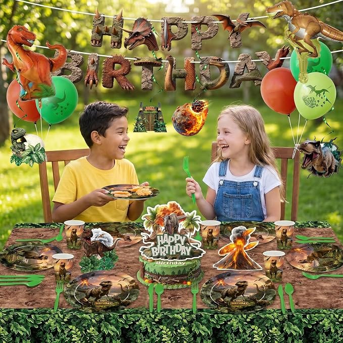 208pcs Dinosaur Plates Napkins Party Supplies Dino Disposable Tableware Set Include Plates Napkins Cups Cutlery Balloon Cake Topper Banner Hanging Swirl Tablecloths for Dino Party Decorations Serve 24