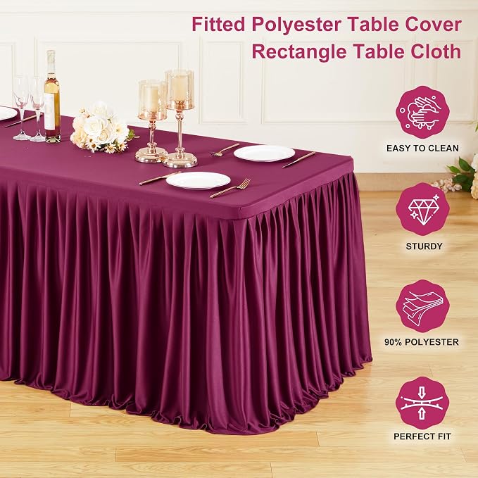 Wish Care 4 Pack Wine Red Rectangle Table Clothes for 8 Foot Tables, Polyester Fitted Tablecloths 8ft Stretch Table Cover for Wedding, Birthday, Parties, Trade Show, Craft Show